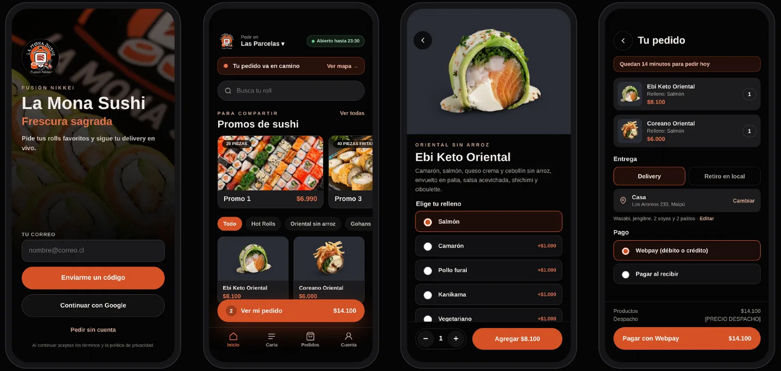 App de clientes de La Mona Sushi: ingreso, inicio, producto y pedido
