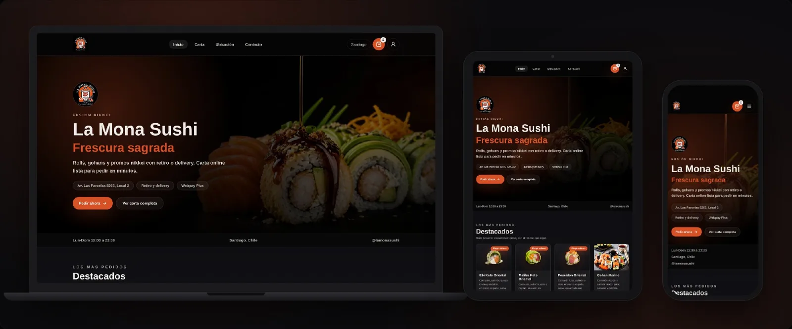 Web de La Mona Sushi en computador, tablet y celular